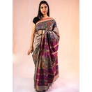 Grey and Magenta Village Life Hand Painted Madhubani cotton saree